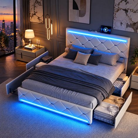 JOOKGBD-Letto Matrimoniale con Contenitore 140x190 cm, Letto Imbottito con 4 Cassetti e LED, Ricarica USB e Type-C, Rete a Doghe, Letto per Adulti e Adolescenti, Velluto, Beige (1/5)