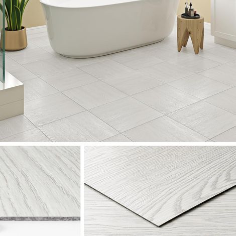 Dalle PVC Adhesive Sol Blanc 30x30CM Lino Sol Adhesif Effet Parquet Adhesif Sols Bois Blanc Imperméable Carrelage Adhésif Sols Salle de Bain Cuisine PVC Adhésif Toilette Salon, 4 Dalles (1/5)