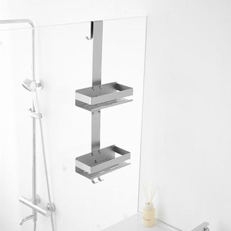 Estante de ducha de doble capa, se puede colgar encima de la puerta de la ducha - Estante de ducha sin taladro, acero inoxidable níquel cepillado, adecuado para baños.