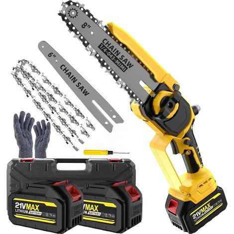 Mini tronçonneuse sans fil – Scie d’élagage 8" et 6", graissage auto, chaîne de rechange, moteur sans balais 1200W, 2 batteries 4000mAh – Idéale pour élagage et coupe de bois (1/5)