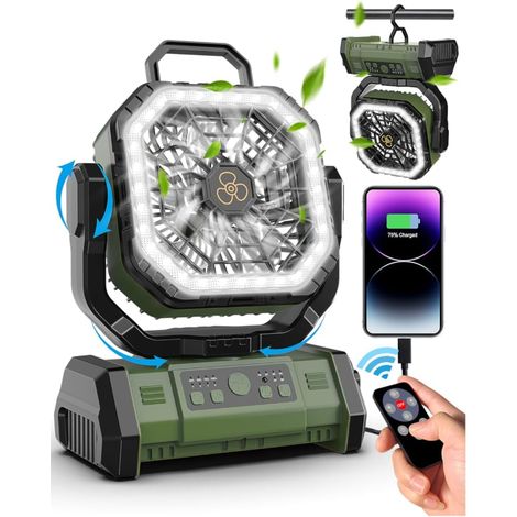 Ventilateur De Camping,[20000Mah] Fan Rechargeable avec Lumière,Ledrotation À 270°,Silencieux Ventilo Portable avec Télécommande,Ports Usb Et Type-C,Idéal pour Camping,Pêche,Urgences (1/5)
