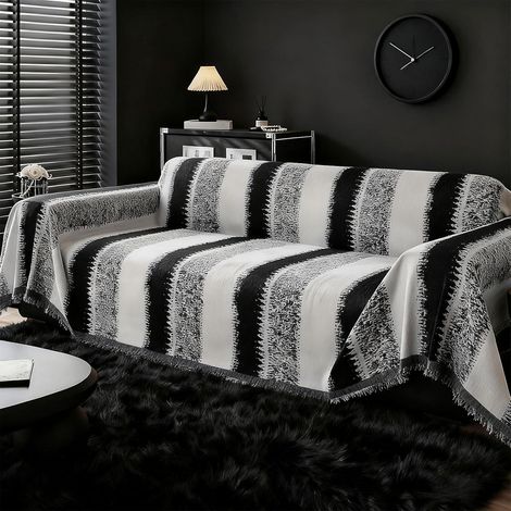 Housse de canapé noire en chenille jacquard avec pompons, moderne, 180x381 cm