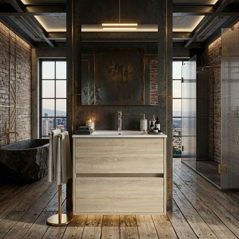 Mobile bagno sospeso 90x45 cm rovere chiaro con 2 cassetti e lavabo incluso – Soria