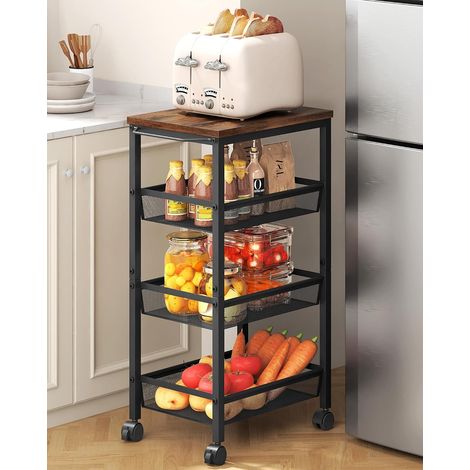 Chariot de Cuisine à 4 Niveaux avec Plateau Large, Chariot Multifonctionnel avec poignée et roulettes, étagère Mobile, Chariot étroit avec Cadre métallique pour la Cuisine à la Maison, Brun (1/5)
