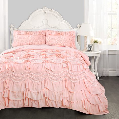 Parure de lit 3 pièces à Volants avec Couette pour lit Double Queen Size Décoration raffinée Rose pêche (1/5)