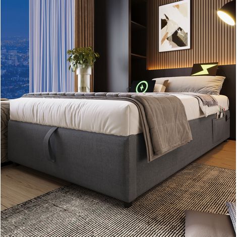 Lit coffre en tissu coton et lin gris 90x190 cm avec USB/Type-C, sommier plein en bois massif (1/5)