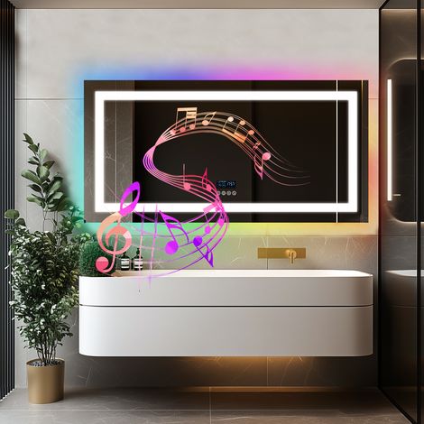 RGB Colorful Smart LED Illuminated Fog-free Extra Large Bathroom Mirror with Bluetooth Speakers, Time and Date Digital Display - Rectangular 1200mm x 600mm