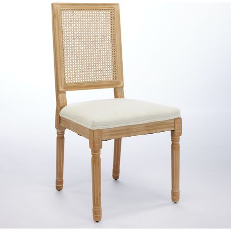 Ensemble de 2 chaises de ferme vintage, bois massif patiné, dossier carré en cannage rotin, assise lin respirante avec coussin mousse et ressorts acier, style rustique français, DE1779BG (1/5)