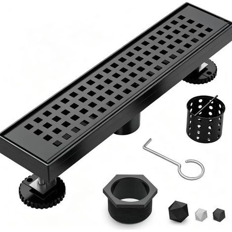 Caniveau de douche linéaire, caniveau de 12 pouces avec grille amovible, caniveau de douche en acier inoxydable, noir. (1/5)
