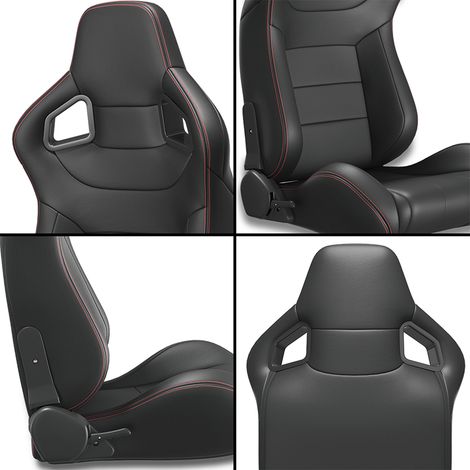 2 sièges course baquet noir couture rouge style carbone cuir PVC inclinable,dossier avec coulisse d’ajustement sans support de selle. (1/5)