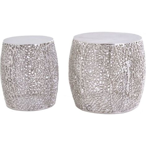 Set von 2 niedrigen METRIX Tischen in Silber mit kleinem abgerundetem Motiv – Designer Couchtische aus mattem Aluminium (1/5)