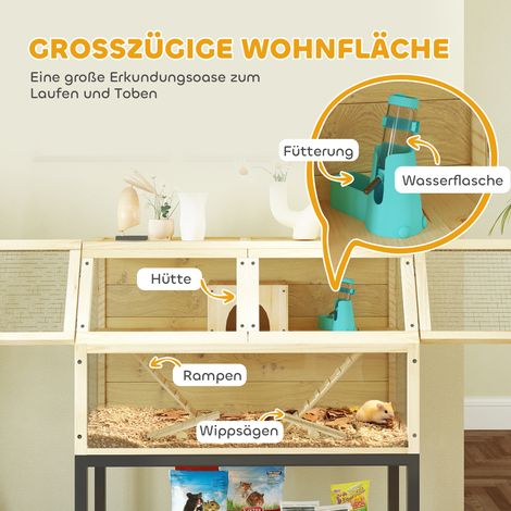 Cage en bois pour hamster nain avec espace de stockage, roue, toboggan, abreuvoir, cabane, balançoires, 87 x 43 x 101 cm (1/4)
