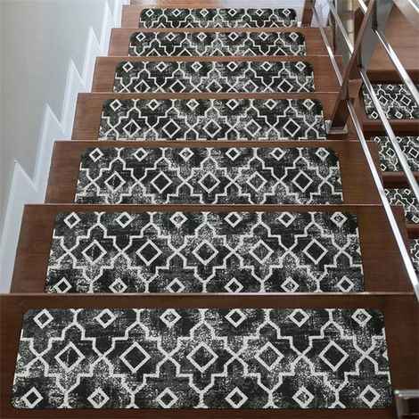 Tapis d'escalier antidérapants et amovibles 20 x 76 cm (lot de 4) - Protection optimale pour les marches d'escalier - Convient aux enfants, aux personnes âgées et aux animaux domestiques - Noir et gri (1/5)