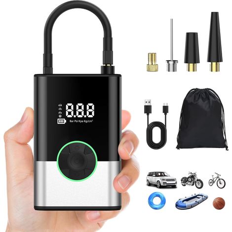 Lntyq 2000 mAh × 2 Mini-Elektroluftpumpe, tragbarer Luftkompressor, kabelloser Reifenfüller 150 PSI mit digitaler LCD-Anzeige, wiederaufladbare Luftpumpe für Auto, Fahrrad, Motorrad, Roller, Ball (1/5)