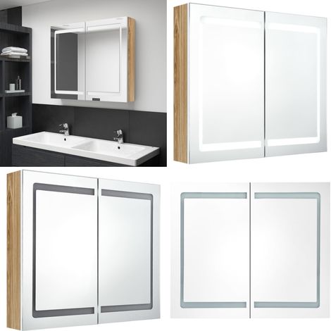 Armario de baño con espejo LED blanco y roble 80x12x68 cm - Armario con espejo - Armario con luz LED