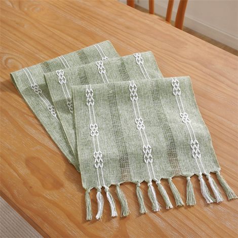 Chemin de table bohème, crème, style maison de campagne, à pompons, lavable, idéal pour les fêtes, anniversaires, festivals et mariages. Petit modèle double jacquard gris clair, 33 x 228 cm. (1/5)