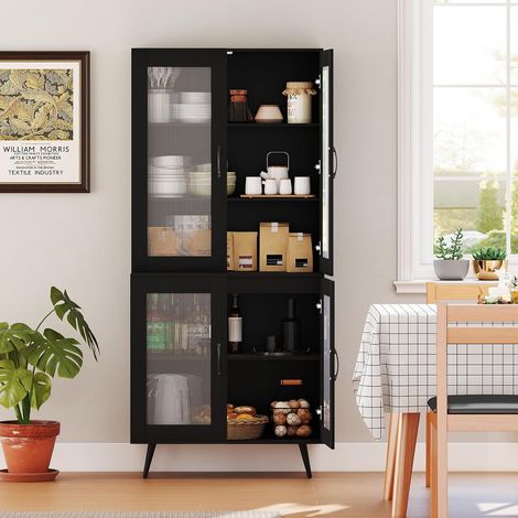 GOPLUS Buffet Haut Cuisine Salle a Manger, Armoire de Cuisine avec Portes Cannelées & Étagère Réglable, Placard Haute Moderne pour Salon, 80X40X178,5 CM (Noir) (1/5)