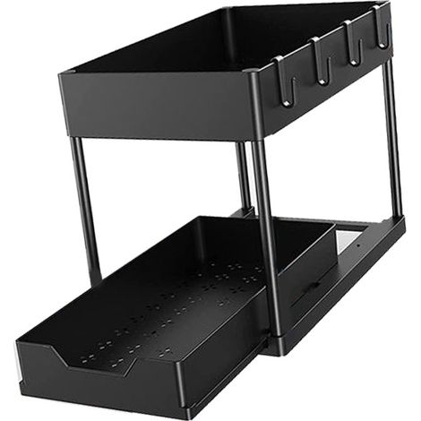 Étagère à épices coulissante à 2 niveaux en acier inoxydable noir avec porte-baguettes pour placard de cuisine (1/5)