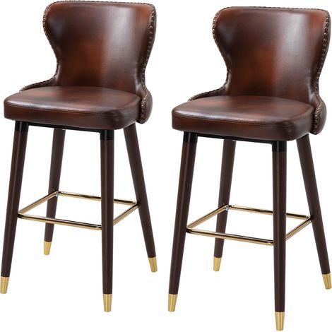 Bar Stools Set of 2, PU Lear Barstools with Back, Footrest and Wood Legs for Kitchen, Counter, Breakfast Bar, Brown (1/5)