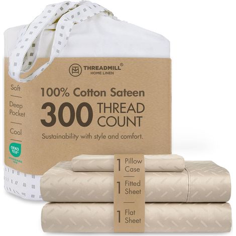 Parure de lit Double XL 100% Coton Satin damassé Jacquard Draps-Housses 40 cm Housse de Couette élastique Doux Respirant 3 pièces Beige (1/5)