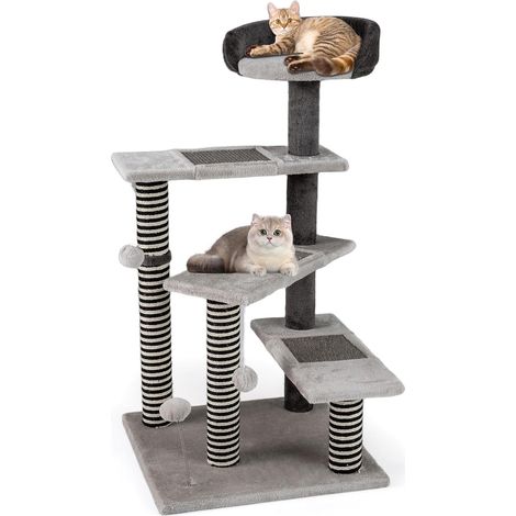 COSTWAY Arbre à Chat XL 93 cm, 5 Plateformes, 3 Poteaux à Griffer en Jute, 3 Planches à Griffer en Sisal, Arbre a Chat Design, 2 Pompons et Balle à Ressort, Tour pour Chaton, 49 x 49 x 93 cm, Gris (1/5)