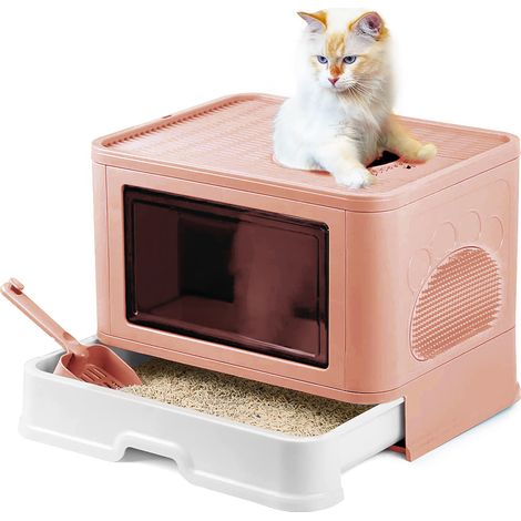 Maison de toilette pour chat avec couvercle à fentes – Bac à litière profond 48,5 x 36,5 x 38 cm – Tiroir coulissant pour nettoyage facile – Polypropylène rose – Aqrau (1/5)