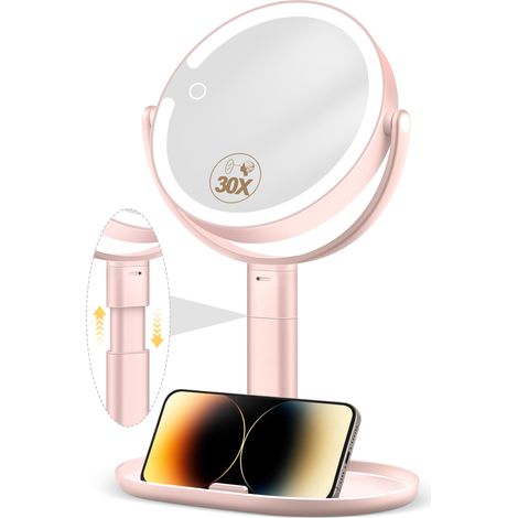 Miroir cosmétique avec éclairage – Miroir de maquillage réglable en hauteur de 7" avec éclairage, grossissement 30x pour chambre à coucher et salle de bain, double face, 3 couleurs, 64 LED (1/5)