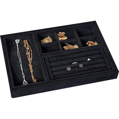 Plateau à bijoux amovible en velours de grande capacité, tiroir, organisateur de boucles d'oreilles, bagues et colliers de bureau (1/5)