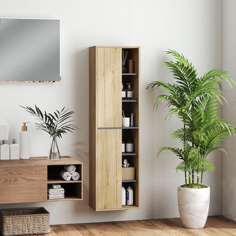 Colonne de salle de bain avec compartiments ouverts et 2 portes 40 x 24 x 141,5 cm Naturel (1/5)