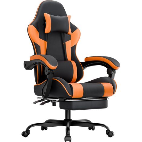Fauteuil de jeu & bureau ergonomique, cuir PU respirant, soutien lombaire, assise et dossier réglables, charge 200kg, noir orange, dimensions 52x63x121-131cm (1/4)