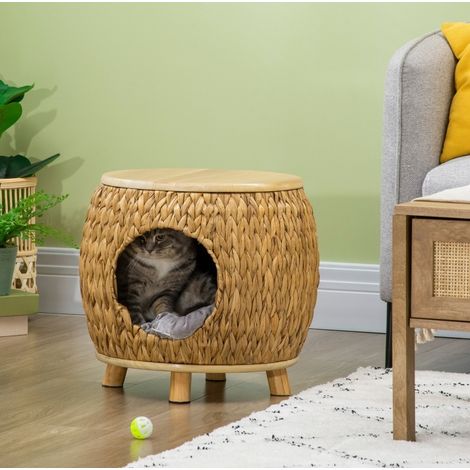 CHICFURN Cuccia gatto in giacinto d'acqua 44 x 43 x 42 cm beige, cuscino lavabile (1/5)