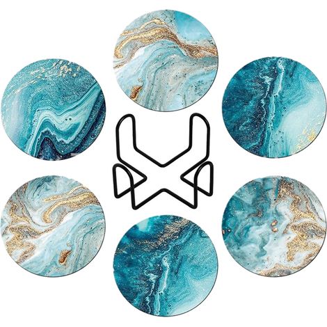 Sous-verre - Céramique Absorbante - Base En Liège Anti-rayures - Style Océan - 10,3 x 10,3 cm - Lot De 6 (1/5)
