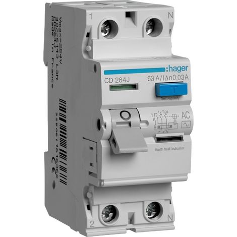 Hager – Interrupteur différentiel 63A 30mA bipolaire type AC – Protection pour circuits standards – Système de connexion à vis – Bornes alignées