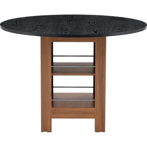 Table à manger ronde 100 cm en MDF avec plateau effet noyer et rangement intégré, pour 2-4 personnes (1/5)