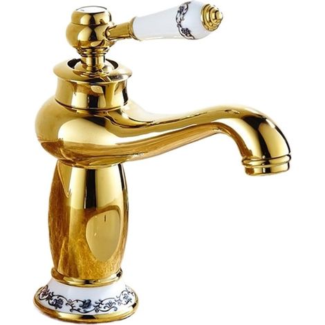 Robinet de cuisine Robinet de lavabo de luxe, robinet de salle de bains moderne, robinet de lavabo en laiton chaud et froid avec finition dorée, poignée avec robinets en céramique (1/5)