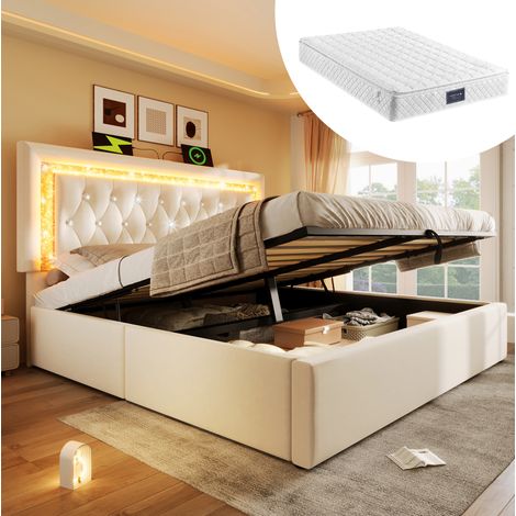 Cama tapizada 140x200 cm con LED, base hidráulica, estación USB y Type-C, terciopelo beige, con colchón (1/5)