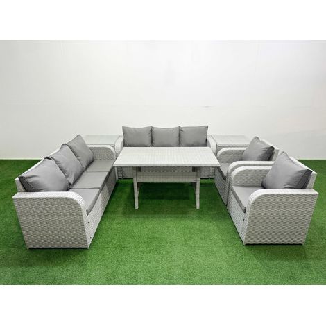 Fimous PE Rattan High Back Lounge Sofa Set Patio Rectangular Dining Table & Chairs Set with 3 Seater Sofa Reclining Chair 2 Side Table Light Grey (1/4)