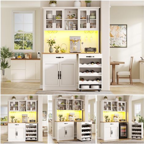 Meuble de cuisine de 140 cm avec chariot à roulettes, armoire haute avec éclairage LED, meuble garde-manger avec casier à verres et à bouteilles de vin, buffet éclairé pour salon ou salle à manger
