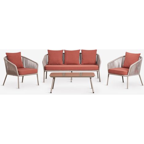 SKLUM Gartenset mit 2-Sitzer-Sofa, 2 Sesseln aus geflochtener Schnur und Couchtisch Arhiza Mokka-Braun – Terrakotta                                  