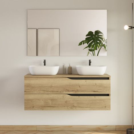 Meuble de salle de bain 120cm avec plateau et 2 vasques à poser Zeus - 2 tiroirs - madera miel (bois clair) - LUNA (1/5)