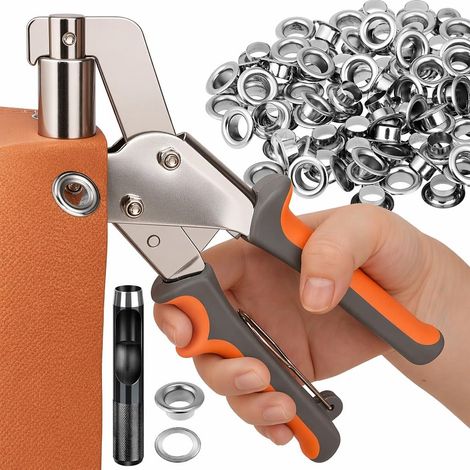 Pince à Œillets pour Bâche 10 mm, Kit Pose Œillets avec 200 Œillets Métalliques en Fer et Poinçon Noir, Pince Perforatrice, Grommet Tool Kit pour Cuir, Toile, Tissus, PVC et Réparation (1/5)