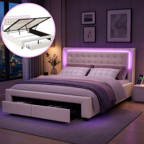 Lit coffre 140x190 avec LED,lit double adulte 140x190,rangement hydraulique et 2 tiroirs,velours,beige (1/5)