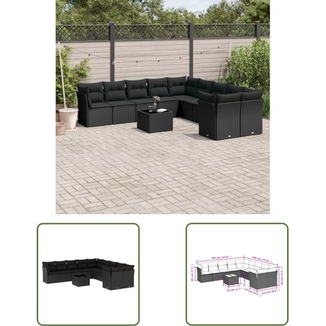 The Living Store 11-tlg. Garten-Sofagarnitur mit Kissen Schwarz Poly Rattan - Gartenmöbel - Esstischgarnitur - Lounge Set - Outdoor Möbel - Rattan Sofa (1/3)