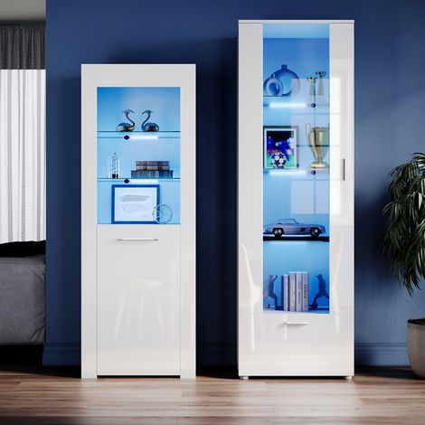 ELEGANT White Display Cabinet Set High Gloss Living Room Set Bookcase Tall Storage Cabinet with Multicolour LED Light (1/5)