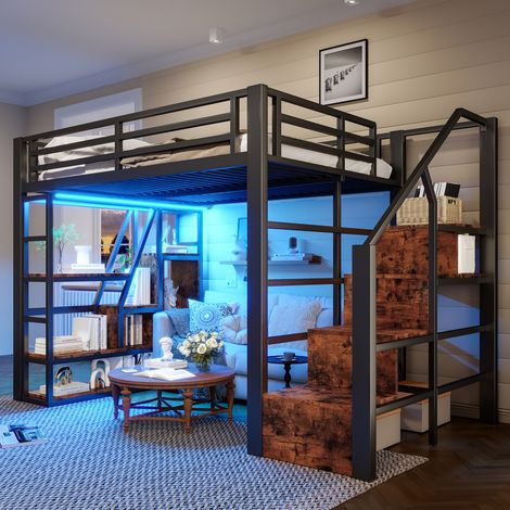 DESVIAE Lit mezzanine 140 x 200 cm en métal et MDF avec étagères intégrées, échelle avec rangement, LED multicolores, garde corps, noir (1/5)