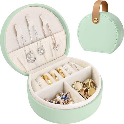 Mini boîte à bijoux de voyage, pochette de rangement en cuir PU avec fermeture éclair, vert vif. (1/5)