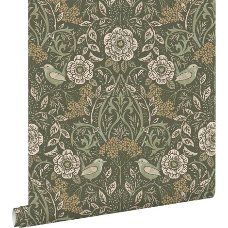 papier peint fleurs et oiseaux vert foncé - ESTAhome (1/5)