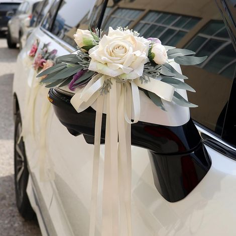 Lot de 2 décorations voiture de mariage fleurs artificielles nœud rétroviseur blanc (1/5)