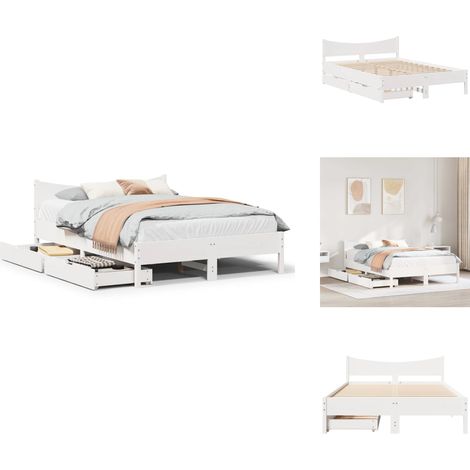 Cadre de lit avec tiroirs blanc 140x200 cm bois de pin massif - Cadre De Lit - Cadres De Lit - Sommier - Meuble De Chambre À Coucher (1/5)