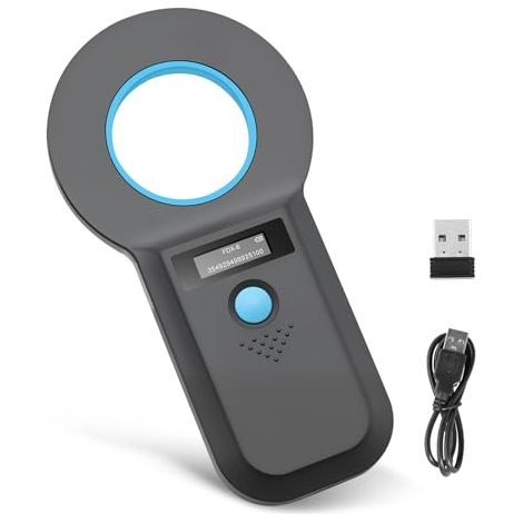 Haustier ID Lesegerät, Bluetooth Chiplesegerät für Tiere, RFID Mikrochip Lesegerät 134,2 kHz 125 kHz mit Helligkeit OLED Anzeige 128 Stück Tag Informationsspeicher, ISO11784/85/HFDX-B/EMID